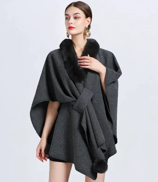 Rex Rabbit Fur Collar Knitted Cape