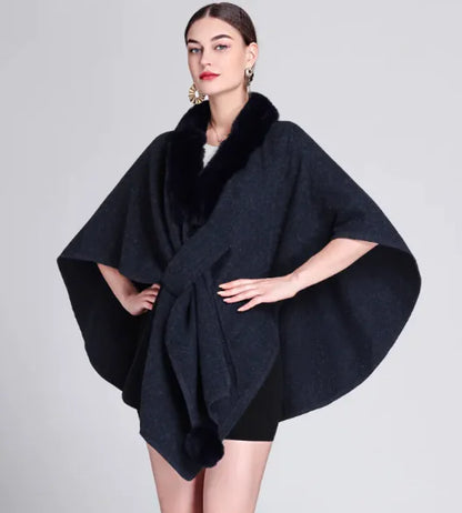 Rex Rabbit Fur Collar Knitted Cape